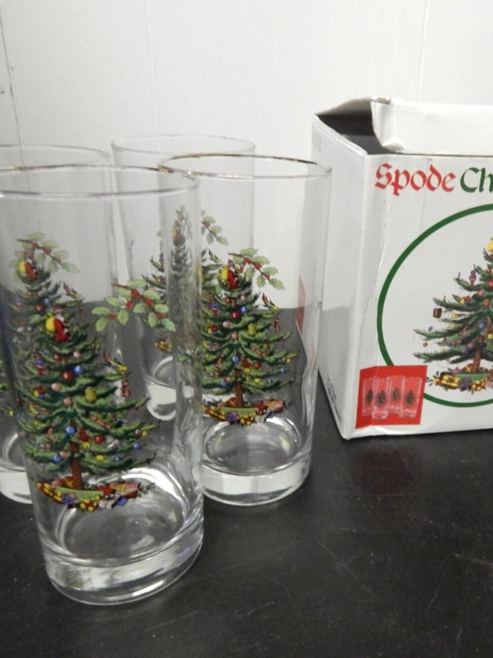 Vintage Spode Christmas Tree Set of 4 Highball Glasses In Original Box